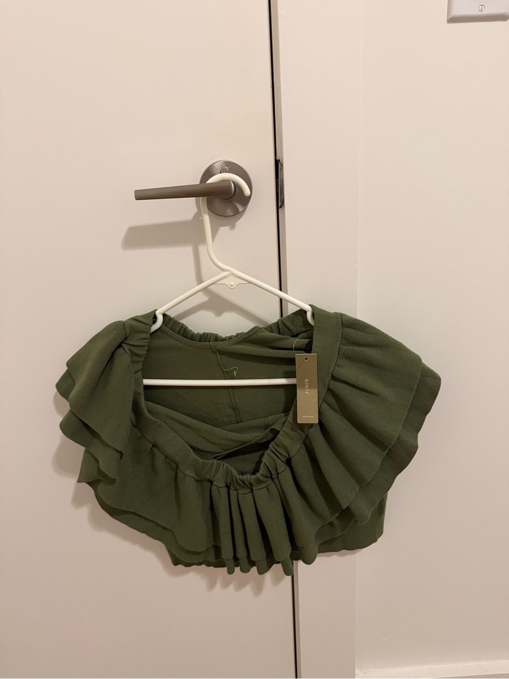 New J.Crew Olive Green Ruffle Off-Shoulder Crop Top, Size Small